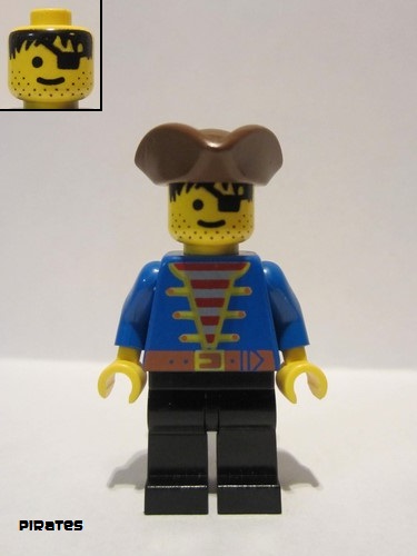 lego 1992 mini figurine pi080 Pirate Blue Jacket, Black Legs, Brown Pirate Triangle Hat, Black Hair 