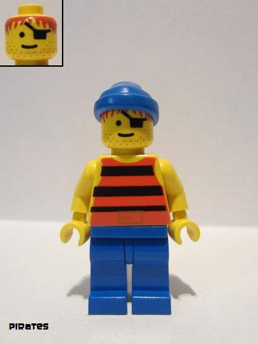 lego 1993 mini figurine pi028 Pirate Red / Black Stripes Shirt, Blue Legs, Blue Bandana 