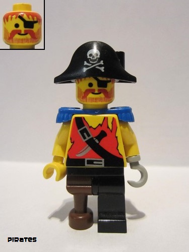 lego 1995 mini figurine pi023 Pirate Shirt with Knife, Black Leg with Peg Leg, Black Pirate Hat with Skull, Blue Epaulettes 