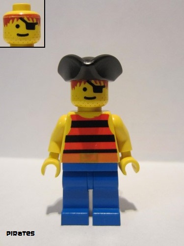 lego 1995 mini figurine pi026 Pirate Red / Black Stripes Shirt, Blue Legs, Black Pirate Triangle Hat 