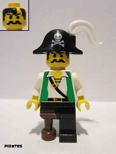 lego 1997 mini figurine pi050 Pirate Green Vest, Black Leg with Pegleg, Black Pirate Hat with Skull 