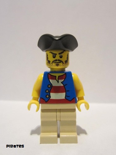 lego 2009 mini figurine pi082 Pirate Blue Vest, Tan Legs, Black Pirate Triangle Hat, Long Brown Moustache 