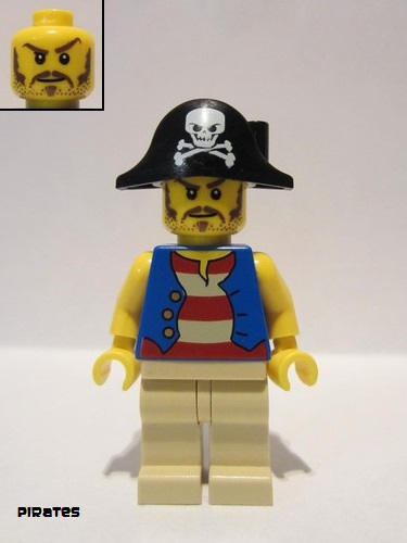 lego 2011 mini figurine pi141 Pirate Blue Vest, Tan Legs, Bicorne Hat with Skull, Long Brown Moustache 