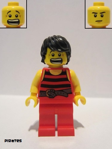 lego 2015 mini figurine pi168a Pirate 7 Black and Red Stripes, Red Legs, Scared, Brown Crow's Feet 