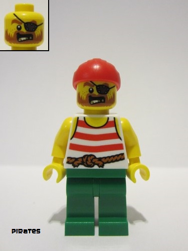 lego 2023 mini figurine pi190 Pirate Male, Red Bandana, White Shirt with Red Stripes, Green Legs, Eyepatch 