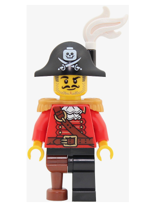 lego 2026 mini figurine pi203 Pirate Captain Male, Pearl Gold Epaulettes, Red Coat with White Ruffled Collar, Black Leg and Reddish Brown Peg Leg, White Plume, Black Bicorne with Skull and Cutlasses 
