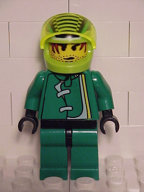 lego 2002 mini figurine rac021 Racer Driver Green Jacket and Lime Helmet with Black Stripes/White Checkered Lines 