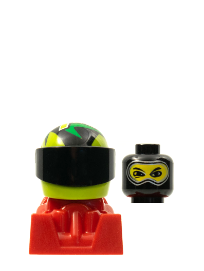 lego 2003 mini figurine rac091 Racer Black Balaclava, Lime Helmet with Pattern, Red Body 