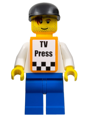 lego 2006 mini figurine rac028as F1 Race Camera Operator Male, White Torso, Blue Legs, Black Cap, Orange Vest with Stickers 