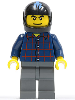 lego 2008 mini figurine rac041 Hot Rod Driver Plaid Button Shirt, Dark Bluish Gray Legs, Black Helmet with Medium Blue Trident 