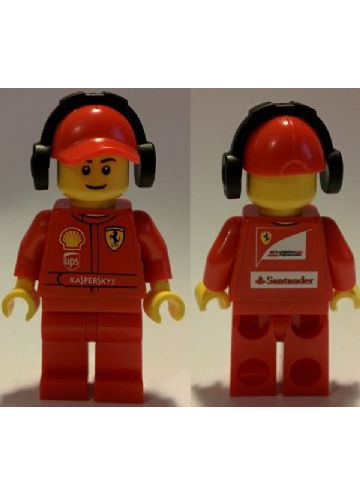 lego 2014 mini figurine rac056 F1 Ferrari Marshall With Torso Stickers with Shell, UPS, Ferrari, Santander and Kaspersky Logos Pattern 