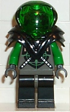 lego 1998 mini figurine sp027 Insectoids Zotaxian Alien Male, Gray and Green with Green Circuits and Silver Hoses, with Black Armor (Danny Longlegs / Corporal Steel) 