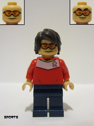 lego 2023 mini figurine soc161 Soccer Spectator Red Soccer Jersey, Dark Blue Legs, Dark Brown Hair, Orange Glasses 