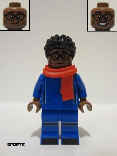 lego 2023 mini figurine soc163 Soccer Spectator Blue Soccer Uniform, Red Scarf, Black Hair, Glasses 