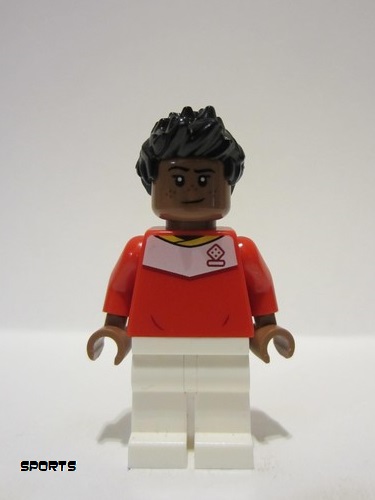 lego 2023 mini figurine soc165 Soccer Spectator Red Soccer Jersey, White Legs, Black Spiky Hair 