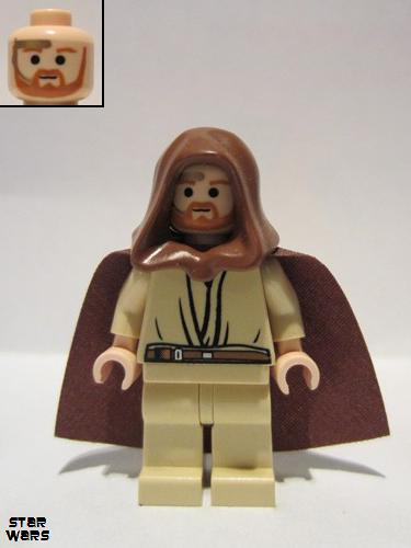 lego 2009 mini figurine sw0234 Obi-Wan Kenobi Young, Light Nougat with hood and capeGold headset 