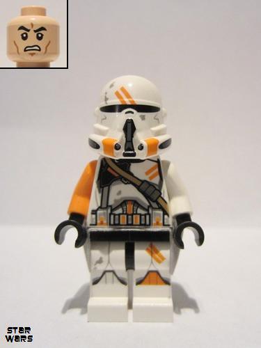 lego 2014 mini figurine sw0523 Clone Airborne Trooper, 212th Attack Battalion Phase 2 - Orange Arm, Dirt Stains, Light Bluish Gray Cloth Kama, Scowl 