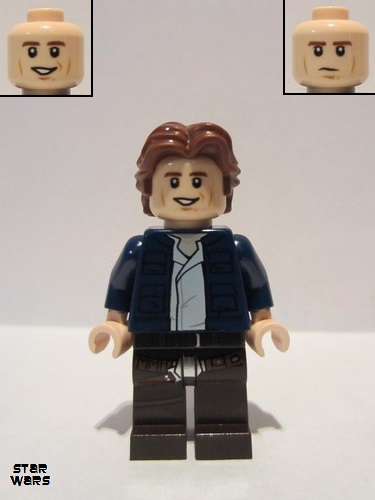 lego 2019 mini figurine sw1021 Han Solo Dark Brown Legs with Holster Pattern, Dark Blue Jacket, Wavy Hair, Smile / Frown 