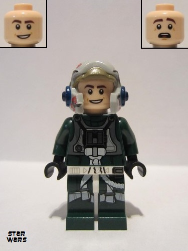 lego 2020 mini figurine sw1092 Rebel Pilot A-wing Open Helmet, Dark Green Jumpsuit, Smile / Scared (Arvel Crynyd) Casque ouvert, combinaison vert foncé, sourire / peur