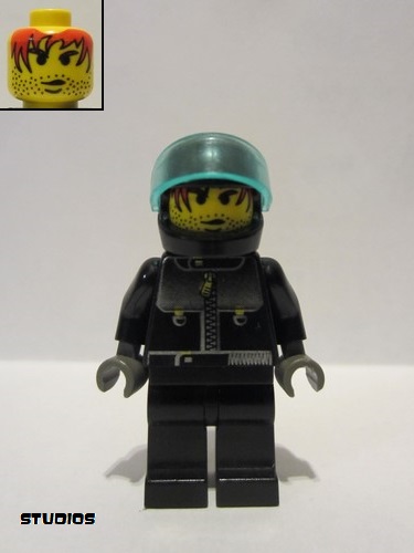 lego 2000 mini figurine stu008 Male Actor 3 Driver, Black Helmet, Trans-Light Blue Visor 