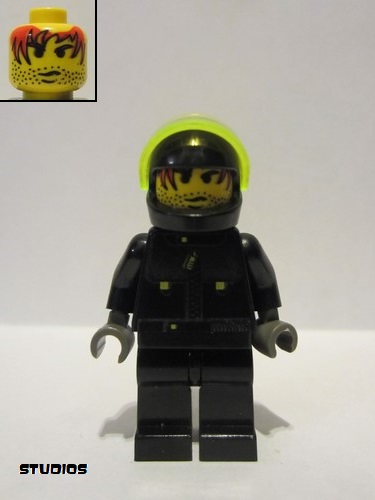lego 2001 mini figurine stu015 Male Actor 3 Driver, Black Helmet, Trans-Neon Green Visor 