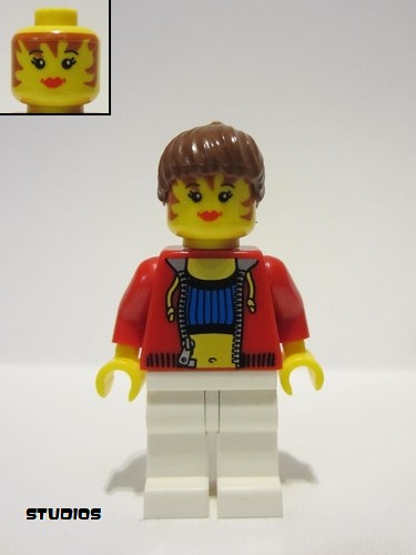 lego 2010 mini figurine stu010b Female With Crop Top and Navel Pattern - LEGO Logo on Back, Reddish Brown Hair 