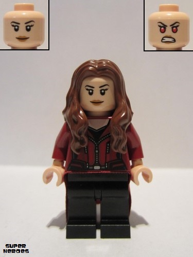 lego 2016 mini figurine sh256 The Scarlet Witch Wanda Maximoff - Plain Black Legs, Reddish Brown Hair, Dark Red Cloth Skirt 