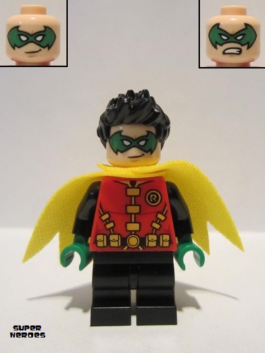 lego 2020 mini figurine sh0651 Robin Green Mask and Hands, Black Medium Legs, Yellow Scalloped Cape 