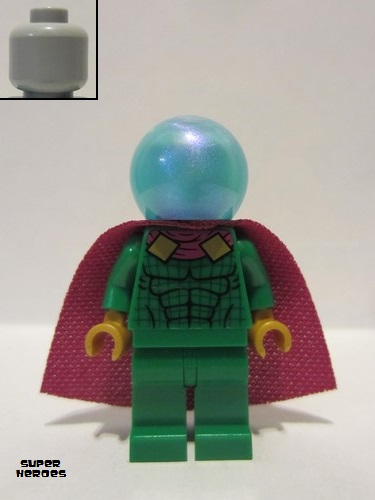 lego 2021 mini figurine sh0709 Mysterio Light Buish Gray Head, Satin Trans-Light Blue Helmet, Double Hole Cape 