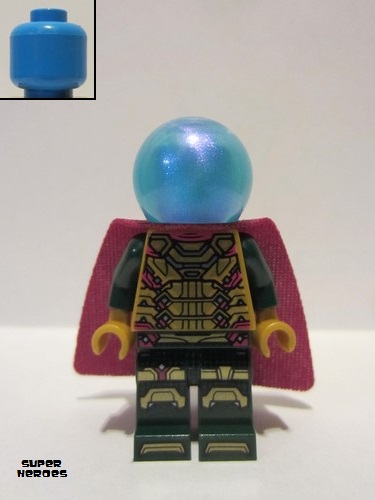 lego 2021 mini figurine sh783 Mysterio Magenta Trim, Dark Azure Head, Satin Trans-Light Blue Helmet, Single Hole Cape 