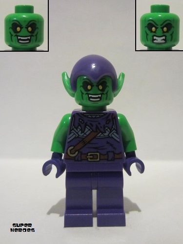 lego 2022 mini figurine sh0813 Green Goblin Bright Green, Dark Purple Outfit, Plain Legs 