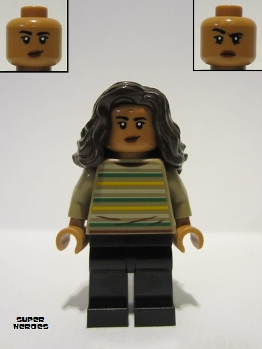 lego 2023 mini figurine sh0894 MJ Dark Tan Striped Shirt, Dark Brown Wavy Hair 