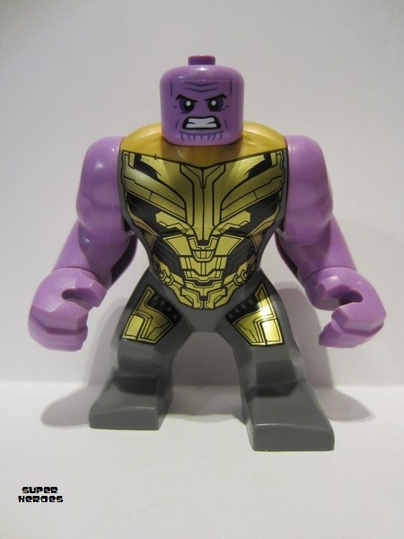 lego 2023 mini figurine sh896 Thanos Large Figure, Medium Lavender Arms Plain, Black, Gold and Dark Bluish Gray Armor, Angry Face, No Helmet 