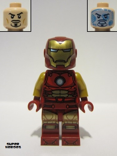 lego 2023 mini figurine sh910 Iron Man Dark Red and Gold Armor, Round Arc Reactor, Pearl Gold Arms, One Piece Helmet 