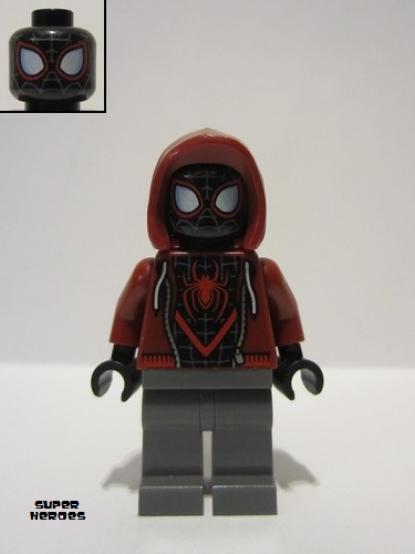 lego 2024 mini figurine sh0943 Spider-Man Miles Morales - Dark Red Hood, Dark Bluish Gray Legs 