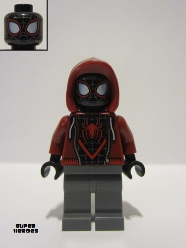 lego 2024 mini figurine sh943 Spider-Man Miles Morales - Dark Red Hood, Dark Bluish Gray Legs 