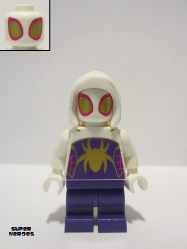 lego 2024 mini figurine sh954 Ghost-Spider Dark Purple Medium Legs, White Hood, Gold Spider Logo and Eyes 