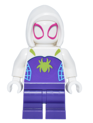 lego 2025 mini figurine sh1024 Ghost-Spider Dark Purple Medium Legs, White Basic Smooth Hood, Lime Spider Logo 