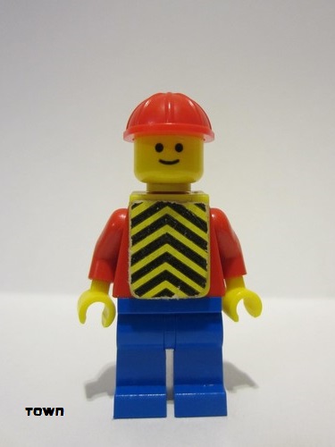 lego 1978 mini figurine con014s Citizen Plain Red Torso with Red Arms, Blue Legs, Red Construction Helmet, Yellow Chevron Vest 