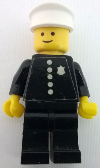 lego 1978 mini figurine cop014s Police Torso Sticker with 5 Buttons and Badge, Black Legs, White Hat 