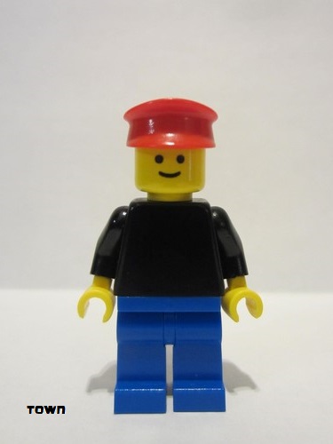 lego 1978 mini figurine pln046 Citizen Plain Black Torso with Black Arms, Blue Legs, Red Hat 