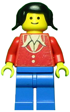 lego 1978 mini figurine twn017 Patron Red Torso with Buttons and Collar (Torso Sticker), Blue Legs, Black Pigtails Hair 