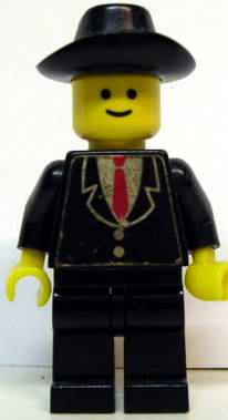 lego 1978 mini figurine twn019s Patron Black Suit with Two Buttons and Red Tie (Torso Sticker), Black Legs, Black Cowboy Hat 