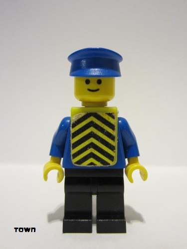 lego 1978 mini figurine twn448s Citizen Plain Blue Torso with Blue Arms, Black Legs, Blue Hat, Yellow Chevron Vest 