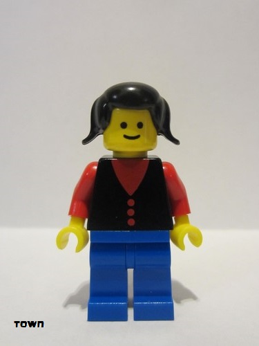 lego 1979 mini figurine but026 Citizen Shirt with 3 Buttons - Red, Red Arms, Blue Legs, Black Pigtails Hair 