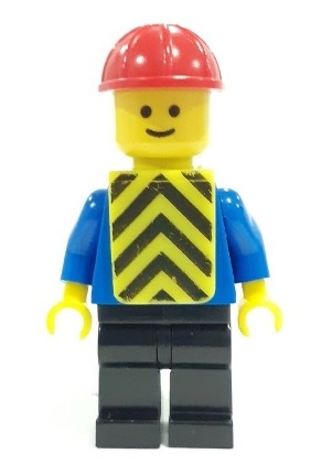 lego 1979 mini figurine con013 Citizen Plain Blue Torso with Blue Arms, Black Legs, Red Construction Helmet, Yellow Chevron Vest (Printed) 