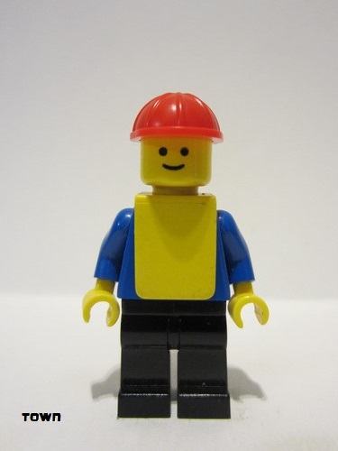 lego 1979 mini figurine con015 Citizen Plain Blue Torso with Blue Arms, Black Legs, Red Construction Helmet, Yellow Vest 