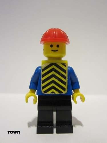 lego 1979 mini figurine con015s Citizen Plain Blue Torso with Blue Arms, Black Legs, Red Construction Helmet, Yellow Chevron Vest (Stickered) 