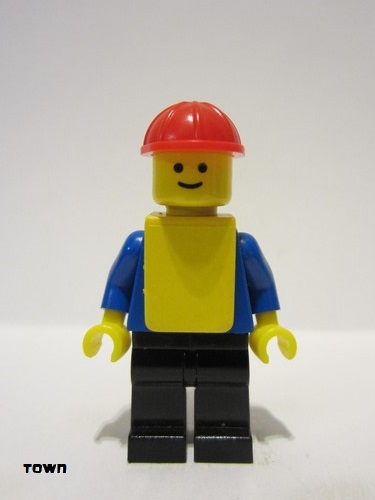 lego 1979 mini figurine con016 Citizen Shirt with 6 Buttons - Blue, Black Legs, Red Construction Helmet, Yellow Vest 