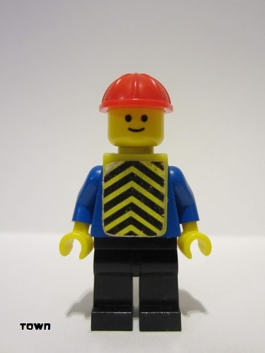 lego 1979 mini figurine con016s Citizen Shirt with 6 Buttons - Blue, Black Legs, Red Construction Helmet, Yellow Chevron Vest 